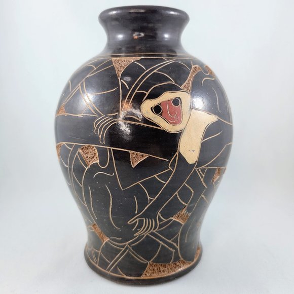 Vase Monkey Etched Pottery Signed Brown Animal Primate Home Decor Flowers Read - Picture 5 of 13